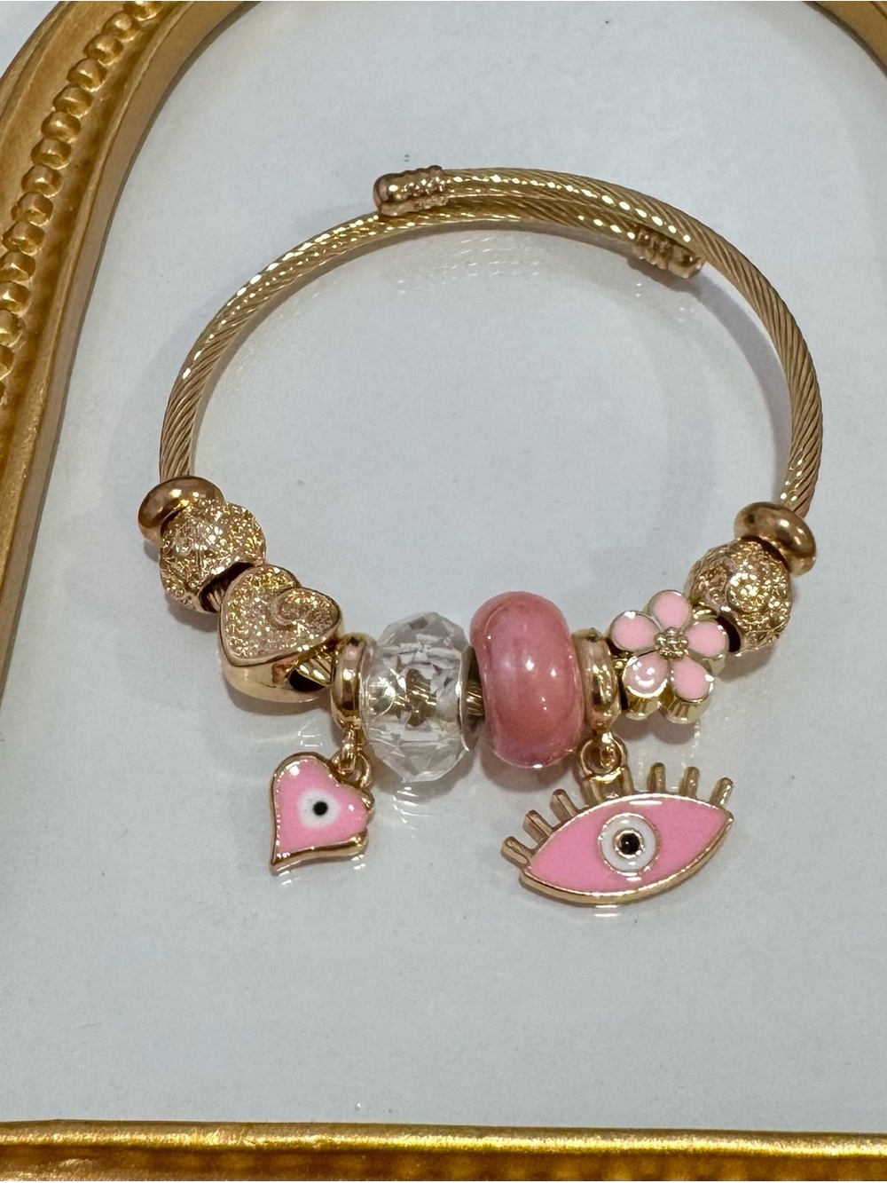 New Gold-Tone Cuff Pink Charm Bracelet with Enamel Eye & Heart Charms